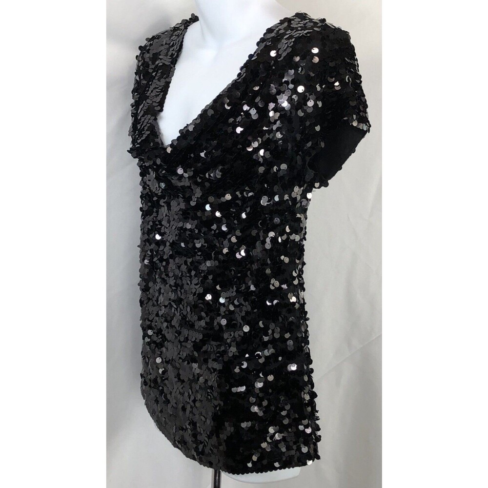 Inc Boutique Evening Heavy Sequins Top M Blk Drape Cowl Neck Party Deco Cocktail - Picture 2 of 6